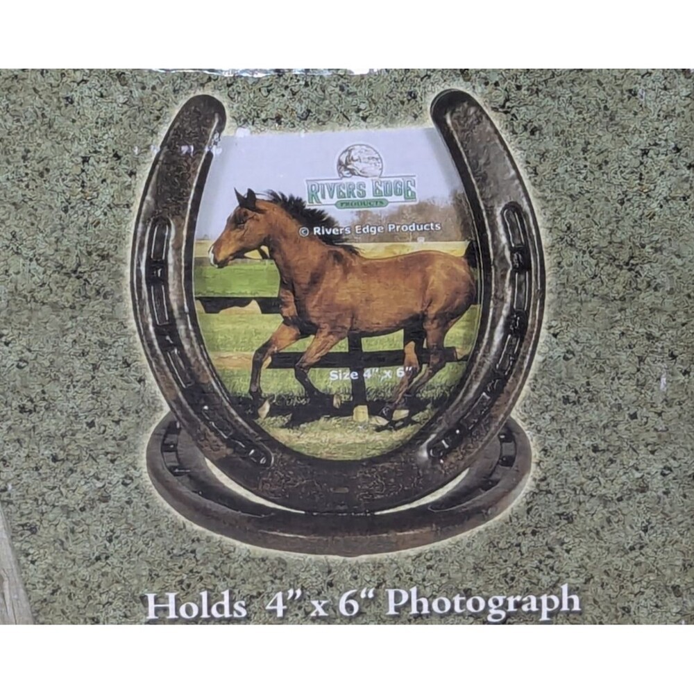 Horseshoe Picture Frame Cast Iron Dark Brown Holds 4 x 6 Photograph Glass Insert